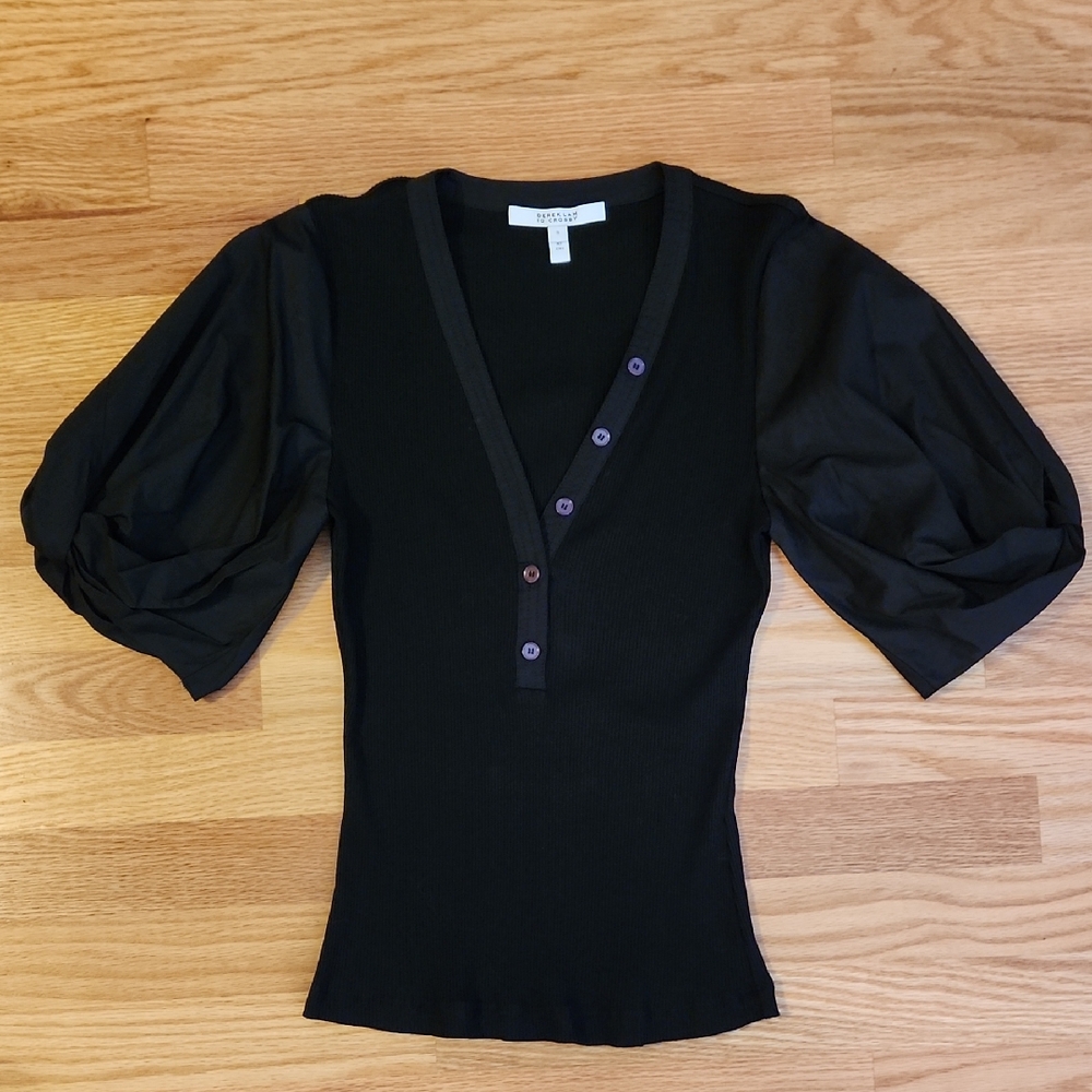 DEREK LAM 10 CROSBY Black V-Neck Puff Sleeve Blouse NWOT